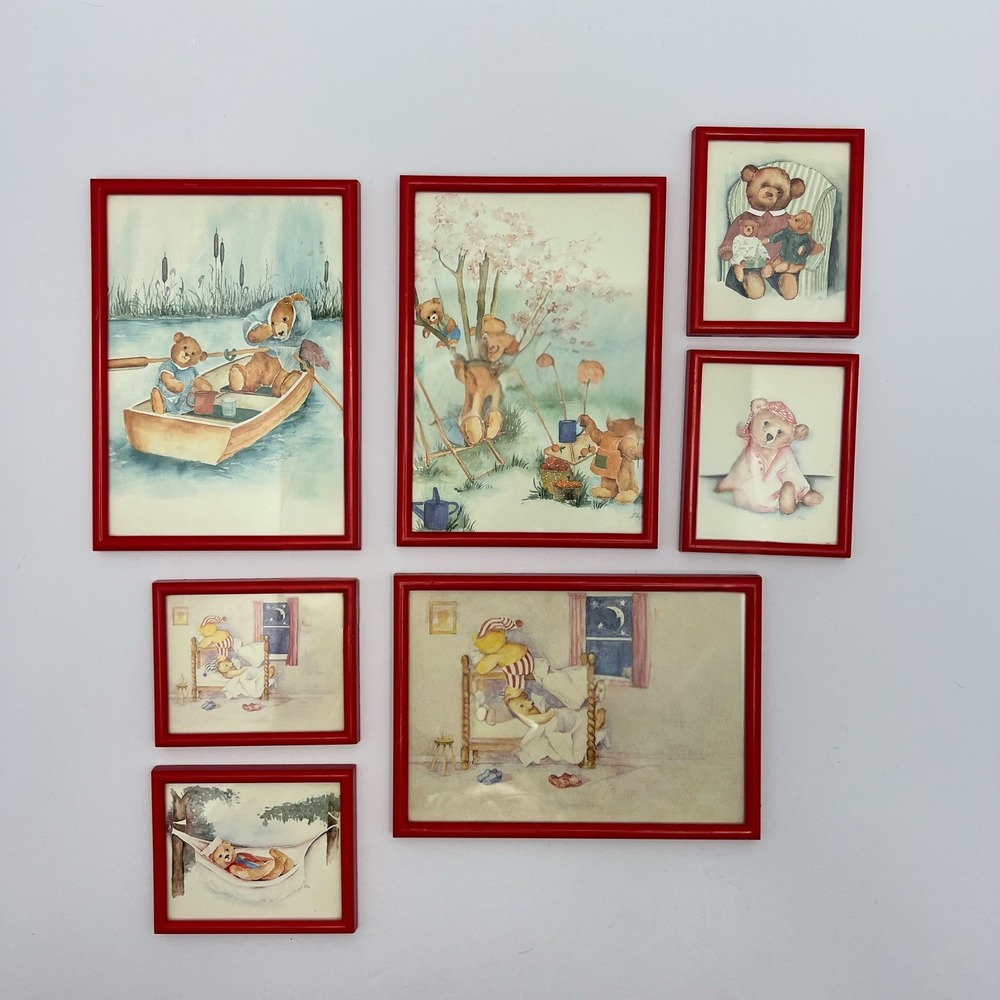 Vintage Teddy Bear Wall Art Red Signed Prints Set‎ of 7 Nursery Decor Paintings